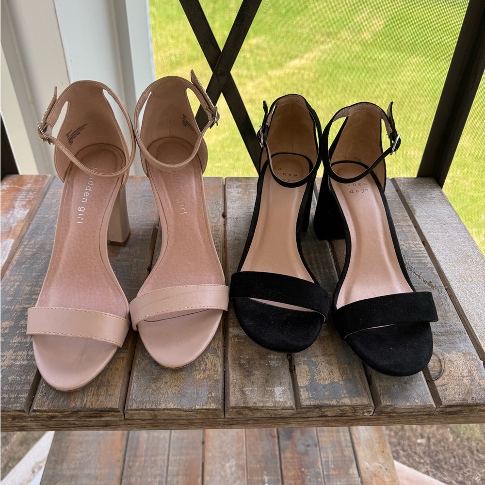 Women's Ankle Strap Heels Bundle - Black and Tan/Nude